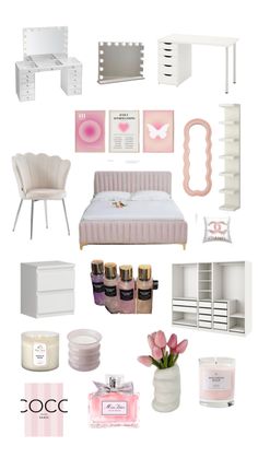 a collage of pink and white items including a bed, desk, chair, shelves, candles, vases