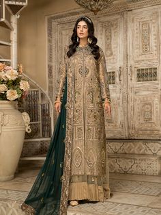 Pakistani Embroidered Gown With Sharara Wedding Dress 2023 Sharara Wedding, Long Floral Gown, Pakistani Wedding Dress, Chiffon Collection, Floral Gown, Pakistani Wedding Dresses, Silk Trousers, Organza Dupatta, Floral Outfit