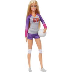 a barbie doll holding a white ball and wearing purple shorts with the number 50 on it