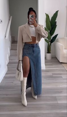 Long Denim Skirt Aesthetic, Denim Skirt Aesthetic, Neutral Jacket, Ugc Content Creator, Skirt Aesthetic, Long Jean Skirt, Ugc Content, Long Denim Skirt