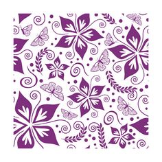 a purple and white floral pattern with swirls, leaves and dots on a white background