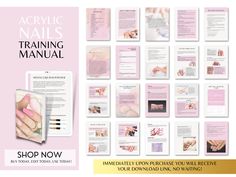 Acrylic Nails Training Manual. Save yourself the time on your manual creation by using this base to add your own stamp on or use exactly as it is. Why spend hours on a manual when you can be earning more money by spending your time on your customers/trainees.  This manual can be edited 100% by yourself to add your logo, additional information and colour schemes ! Canva made, so Canva account required, you can sign up for free if you don't already have one. I am happy to help if you are unsure ho Become A Nail Tech, Nails Training, Nail Training, Basic Nails, Training Academy, Earn More Money, Colour Schemes, Nail Tech, I Am Happy