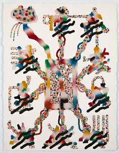 an abstract painting with multiple colors and shapes on white paper, in the shape of a tree