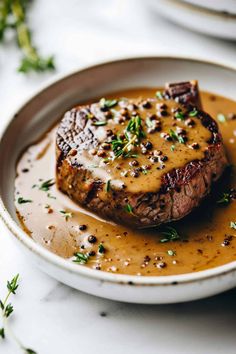 a steak covered in gravy on a plate