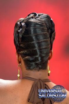 Curly Updo Hairstyle from Melody Trice - Black Hairstyles from America's Top Hair Salons - UniversalSalons.Com Parking Gel, Microbraid Hairstyles, Styles For Naturally Curly Hair, Curly Updo Hairstyles, Updo Hair Styles, French Roll