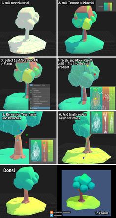 the different stages of an animated tree in 3dsquatche, with text below it