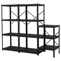 a black shelf unit with four shelves on each side