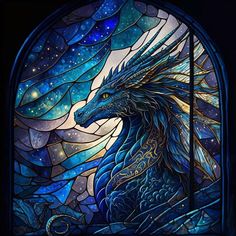 a stained glass window with a blue dragon in it's head and stars on the sky