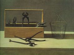 a painting with tools in a wooden box and a wire basket on the ground next to it