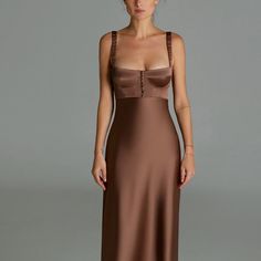 Worn Once - Has Tags On But Will Require Dry Cleaning (See Oil Mark Pictured). Features: - A-Line Silhouette - Bustier Detail At Bodice - Ruched Straps - Side Zip Closure - Maxi Length - Unlined Https://Annaoctober.Com/Products/Aglaya-Dress Elegant Brown Slip Dress For Evening, Fitted Brown Slip Dress For Evening, Brown Fitted Slip Dress For Evening, Fitted Brown Satin Slip Dress, October Dresses, Anna October, Side Zip, Bodice, A Line