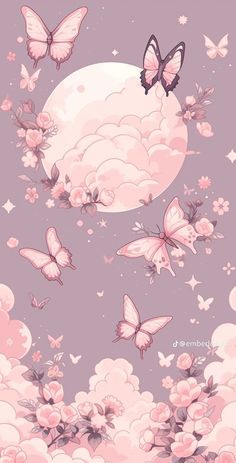 some pink butterflies flying in the sky above clouds and flowers with a full moon behind them