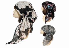 Very Soft, comfortable stretchy pre tied bandana / head scarf / Tichel Elastic back for easy-on, easy-off style.  Perfect to wear as a fun fashion statement. One size fits most.  Machine Wash Cold. Made in the USA. See through lace Black Bohemian Bandana For Spring, Bohemian Black Bandana For Spring, Spring Bohemian Black Bandana, Black Bandana Print Headscarf For Summer, Adjustable Black Bandana For Spring, Spring Bohemian Fitted Headwrap, Fitted Bohemian Headwrap For Spring, Spring Beach Bandana Print Headscarf, Bandana Print Headscarf For Beach In Spring