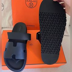 Hermes Chypre Sandals (M) Size 41. Unisex For Men And Women Brand New Hard To Find Hermes Slides, Hermes Oran Sandals, Male Dress, Hermes Orange, Velvet Sandals, Black Stud, Hermes Shoes, Saddle Leather, White Sandals