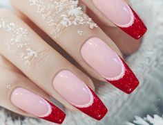 Step into the season with elegance and charm with our Red French Tip Nails, sprinkled with a touch of snowy magic. These press-ons are designed for holiday gatherings, cozy firesides, and all things festive! With easy application and a comfortable fit, they're the perfect addition to your winter style! You will receive a full set of 10 nails in your size along with a complimentary gift of a nail file, cuticle stick, alcohol wipes, and nail glue. If you prefer tape tabs instead of glue, just let us know. I am more than happy to personalize your order, so please reach out to me to discuss your preferences.  When it comes to sizing, I want to make sure you get the perfect fit. Please follow our Sizing Guide to determine your correct size. Please note that while I do my best to accurately show Red French Tips With Rhinestones, Winter French Tips Nails, Red Snowflake Nails Acrylic, Red Nails With White Tips, Red Sparkly French Tip Nails, Red Nails With Snowflake, Red French Tip Christmas, French Tip Holiday Nails, Red Winter Nail Designs