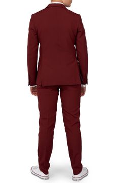 Crisp and smart, this burgundy two-piece suit includes flat-front pants, a clip-on tie and a look that keeps your child dapper at any occasion. Jacket has two-button closure; notched lapels; nonfunctional four-button cuffs; chest pocket; front flap pockets; side vents Trousers have zip fly with button-tab closure; front slant pockets; back welt pockets Lined 100% polyester Machine wash, line dry Imported Red Fitted Three-piece Suit For Business, Fitted Red Three-piece Business Suit, Fitted Burgundy Blazer For Business Casual, Red Fitted Double Breasted Suit With Notch Lapel, Fitted Red Double Breasted Suit With Notch Lapel, Red Fitted Suit For Business Casual, Red Fitted Double-breasted Suit With Notch Lapel, Burgundy Notch Lapel Suit For Work, Red Fitted Suits For Business Casual