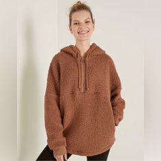 Oversized Fit, Hood With Adjustable Drawcords,Half Zip Zipper Closure,Side Entry Pockets,Rib Cuffs Recycled Polyester/Polyester Winter Cozy Half-zip Hoodie, Cozy Half-zip Winter Hoodie, Cozy Sherpa Hoodie For Fall, Zip Sweatshirt Outfit, Half Zip Sweatshirt Outfit, Victoria Secret Pink Sweatshirts, Vs Pink Hoodie, Sherpa Hoodie, Sherpa Pullover