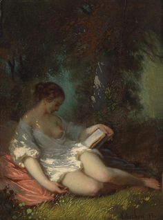 a painting of a woman sitting on the ground reading a book with trees in the background