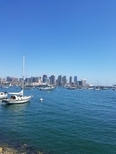 several boats floating on the water in front of a city