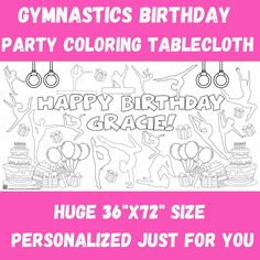 Girls Gymnastics Birthday Party Personalized Coloring Tablecloth Activity Flip Tumble Jump and Play Cartwheels and Cupcakes Slumber Party Gymnastics Birthday Party, Gymnast Birthday Party, Gymnastics Birthday, Girls Gymnastics, Gymnastics Poses, Gymnastics Girls, Slumber Party