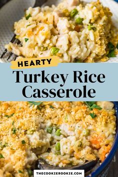 hearty turkey rice casserole with peas and carrots in a blue dish