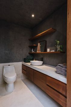 a bathroom with a toilet, sink and shelves