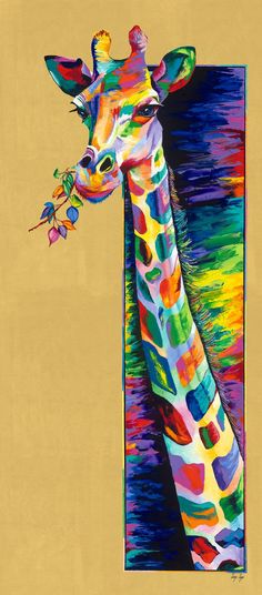 a painting of a giraffe with colorful paint on it's face and neck