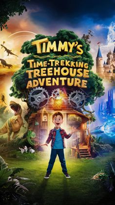 the movie poster for timy's time - telling treehouse adventure, featuring a young