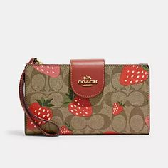 Coach, Large Size, Khaki Multi Color, Snap And Zip Closure, Leather Coach Wallets, Wild Strawberry, Envelope Wallet, Girly Bags, Wild Strawberries, Black Leather Wallet, Large Wallet, Strawberry Print, Coach Wallet