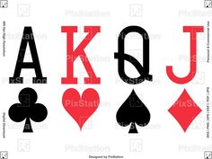 the letters and numbers for playing cards are shown in black, red, and white