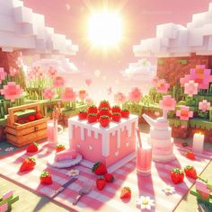 an image of strawberry land in minecraft with the sun shining over it and some strawberries on the ground