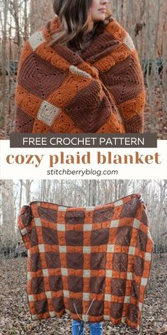 a woman is standing in the woods with a blanket on her back and text overlay that reads free crochet pattern cozy plaid blanket