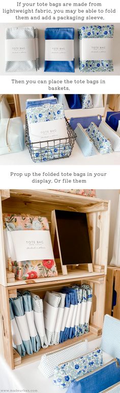 an open book shelf filled with blue and white plates, napkins and other items