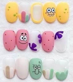 Cartoon Nails Disney, Pokemon Nail Art, Desain Salon Kuku, Pokemon Nails, Cartoon Character Nails, Nail Art Cartoon, Fun Nail Art Designs, Spongebob Nails, Food Nail Art