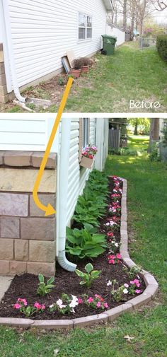 before and after pictures of landscaping in front of a house with flowers growing out of the ground