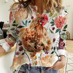 Chicken Fabulous Floral Pattern Casual Shirt, Farm Casual Shirt, Farm Gift, Farmer Gift, Gift For Her, Ladies Shirt Spring Long Sleeve Tops With Fashion Print, Spring Fashion Print Long Sleeve Tops, Long Sleeve Fashion Print Tops For Spring, Long Sleeve Tops With Digital Print For Summer, Spring Fashion Print Patterned Top, Casual Printed Fall Shirt, Printed Long Sleeve Summer Shirt, Spring Patterned Tops With Digital Print, Patterned Fashion Print Tops For Spring