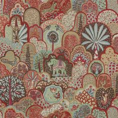 an intricately designed wallpaper with lots of hearts and trees in red, green, blue