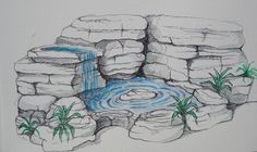 a drawing of a waterfall in the middle of a rock wall with grass growing out of it