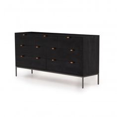 an image of a black dresser with brass knobs