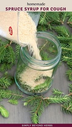 a jar filled with white stuff next to pine needles and sprinkled with seasoning