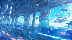 the inside of a subway car with fish swimming around