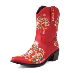 Shop Women's Red Vegan Leather Retro Western Cowboy Boots with Flowers Embroidery color Red for Anniversary, Going out, Hanging out, Honeymoon, Music Festival with worldwide Free shipping & Free return. Embroidered Boots For Spring Festivals, Floral Embroidered Boots For Spring Festival, Floral Embroidery Boots For Spring Festival, Spring Festival Embroidered Boots, Red Western Summer Boots, Traditional Snip Toe Boots For Spring, Red Leather Boots For Summer, Red Bohemian Boots For Fall, Embroidered Red Boots With Round Toe