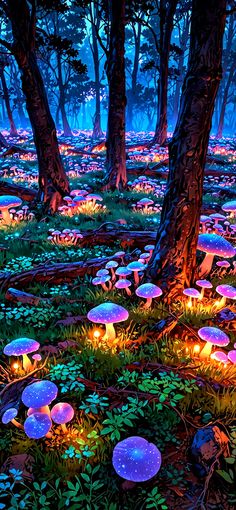 a forest filled with lots of mushrooms and lit up lights in the night time sky