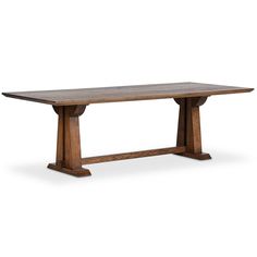 a large wooden table with two legs and a long slab on one end, against a white background