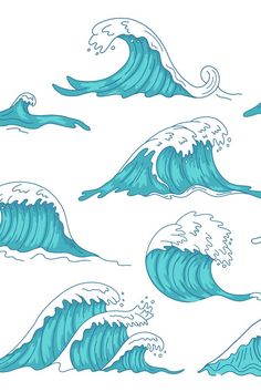 four blue waves in the ocean on a white background, each wave has different shapes and sizes