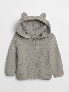 a baby sweater with a hood and ears on the front, is shown in light grey