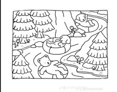 a black and white coloring book page with an image of a bear in the woods