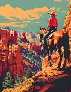 a man riding on the back of a brown horse next to a canyon filled with red rocks