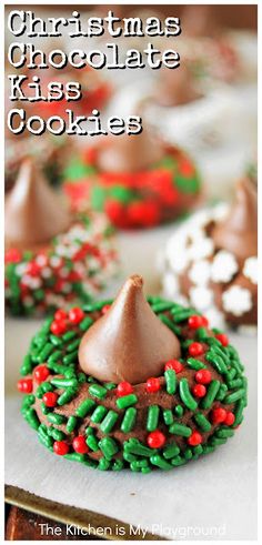 christmas chocolate kiss cookies are decorated with green and red sprinkles on top