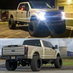 two pictures side by side of a white truck with lights on and the same one in front