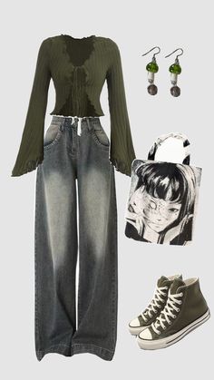 #outfit #grunge #green Green Acubi Outfit, How To Style Dark Green Pants, Green Grunge Outfit, Green Jeans Outfit, Dark Green Pants, Fall Grunge, Grunge Fits, Outfit Grunge, Green Fits